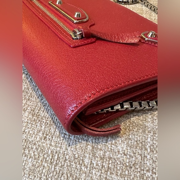 Balenciaga Red Lambskin Leather Metallic Edge Wallet On Chain Bag - Picture 7 of 14